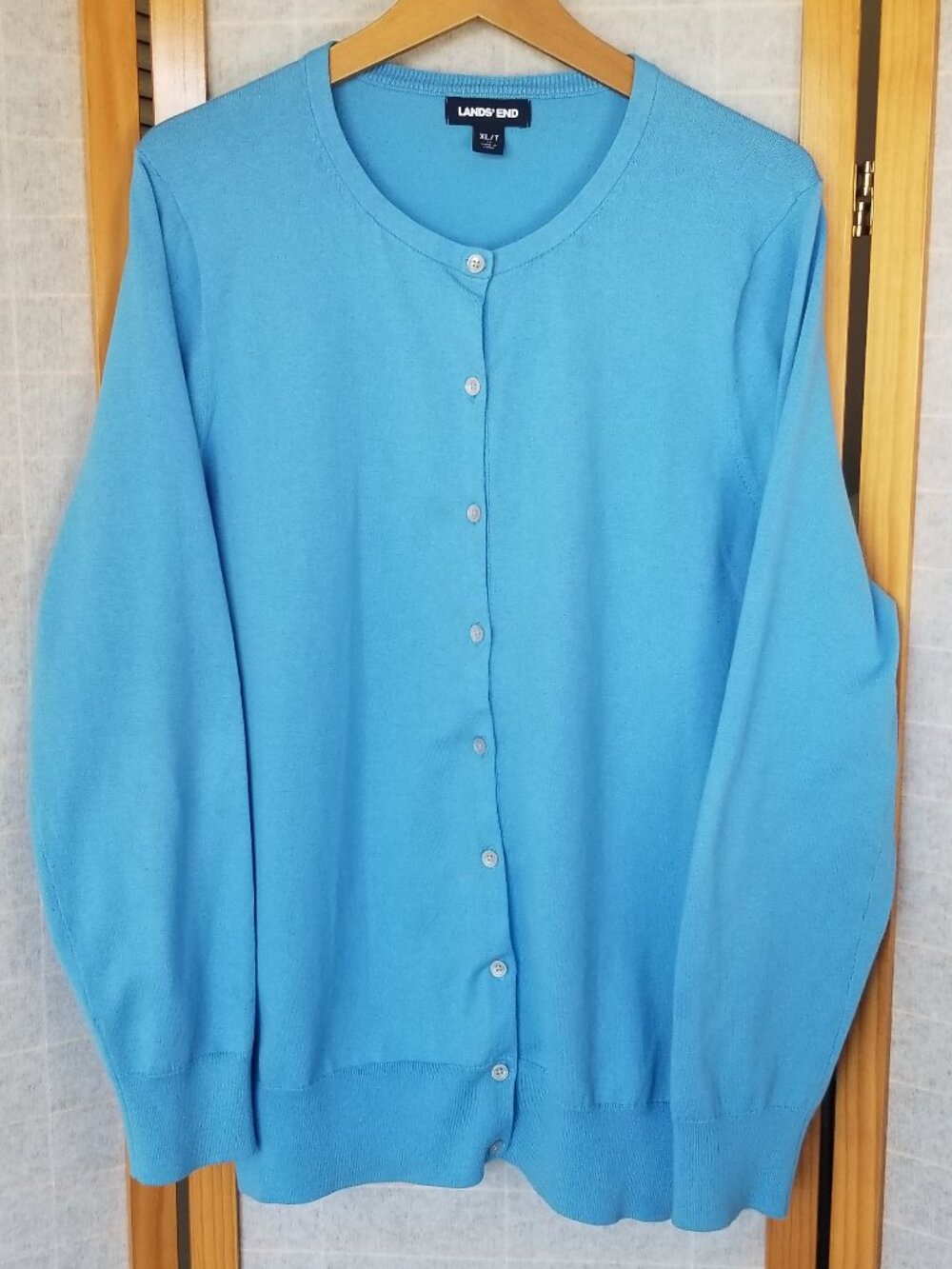Lands' End Sky Blue Cardigan Sweater Crew Neck Button Up Long Sleeves XLT 18